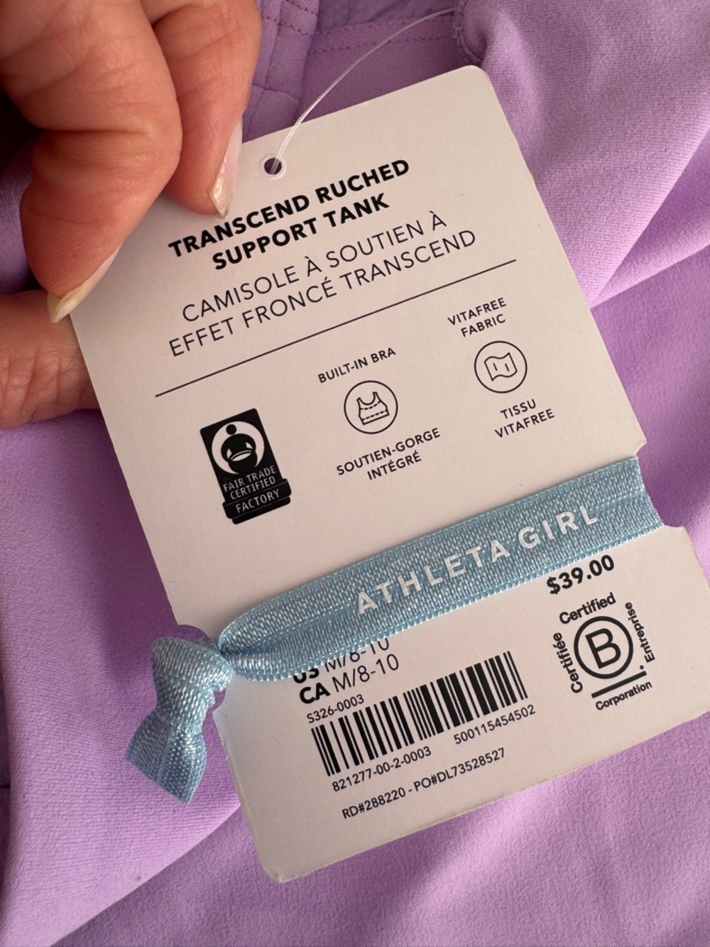 Athleta Girl Transcend Ruched Support Tank, "Fresh Lilac", size 8/10, NWT - Picture 4 of 10